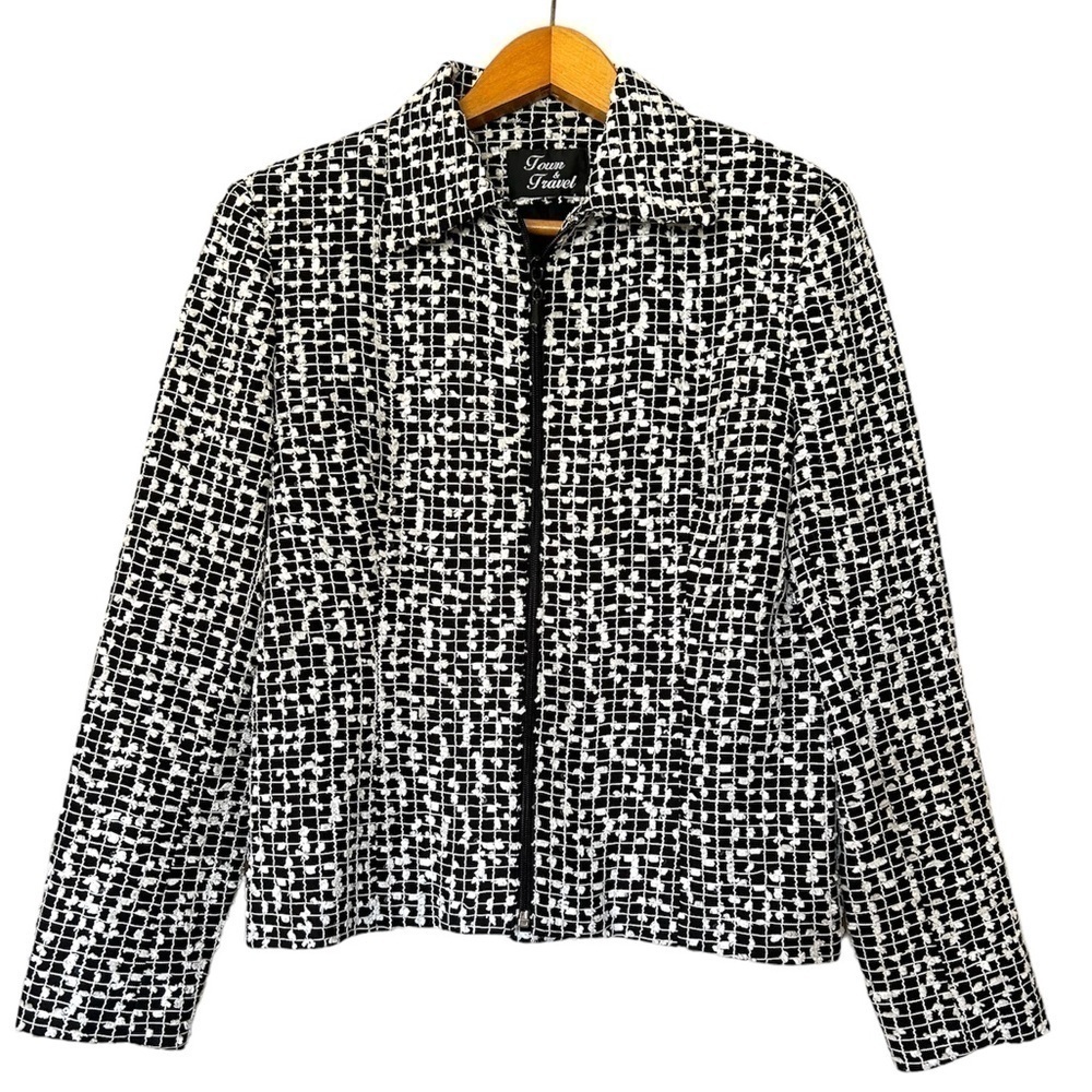 TOWN‎ & TRAVEL Y2K Vintage 90’s Tweet popcorn Black/White Zip Blazer Jacket 4P